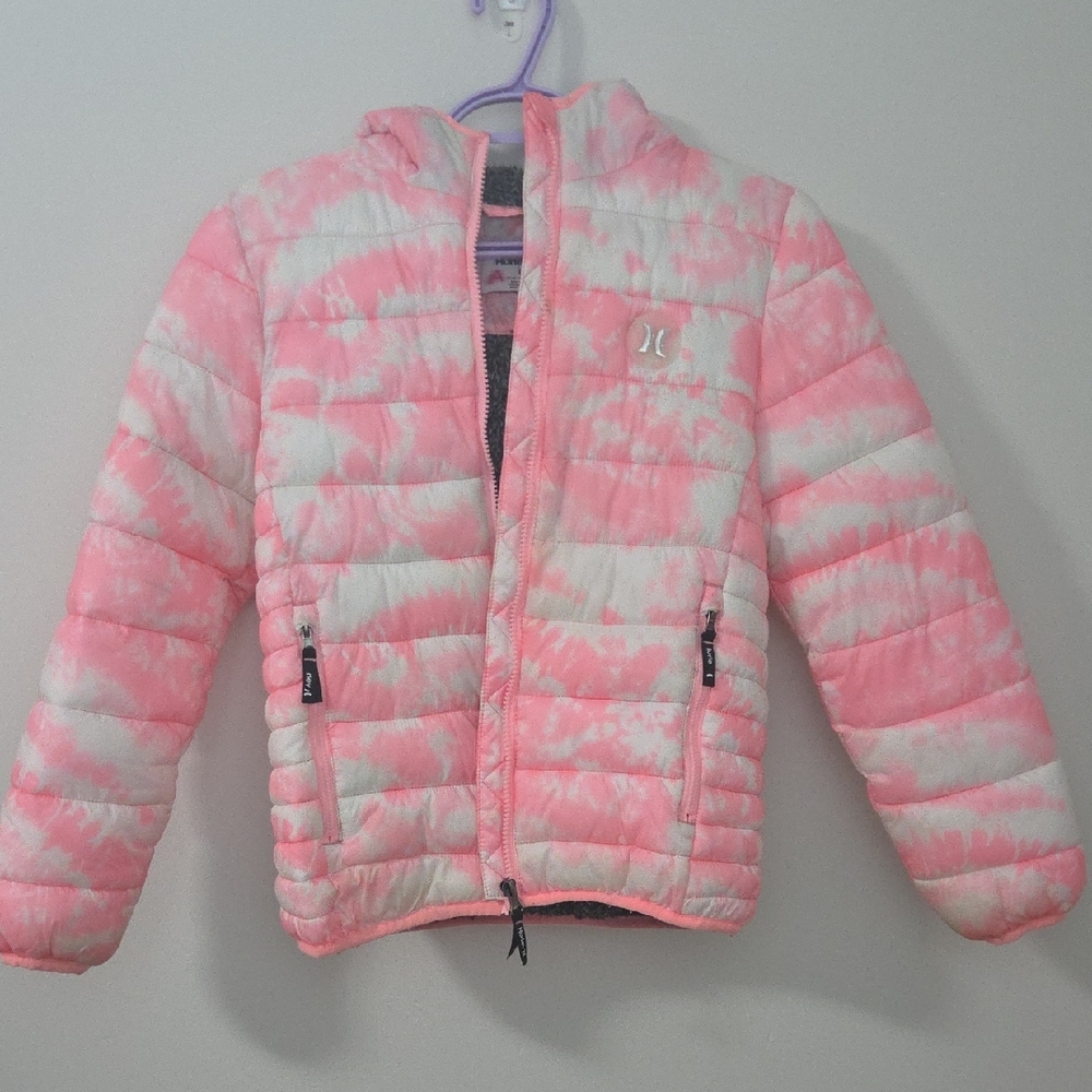 Hurley Pink and White Kids Puffer Jacket